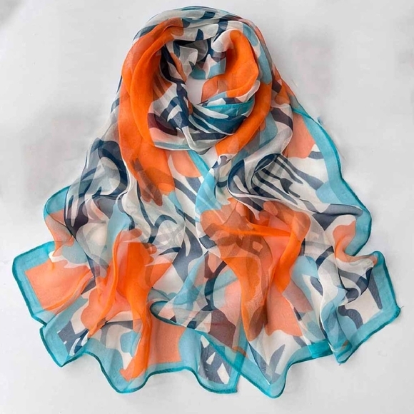 NWT Abstract Floral Scarf Orange Teal Navy Lightweight Shawl 63"x20" - Picture 4 of 7